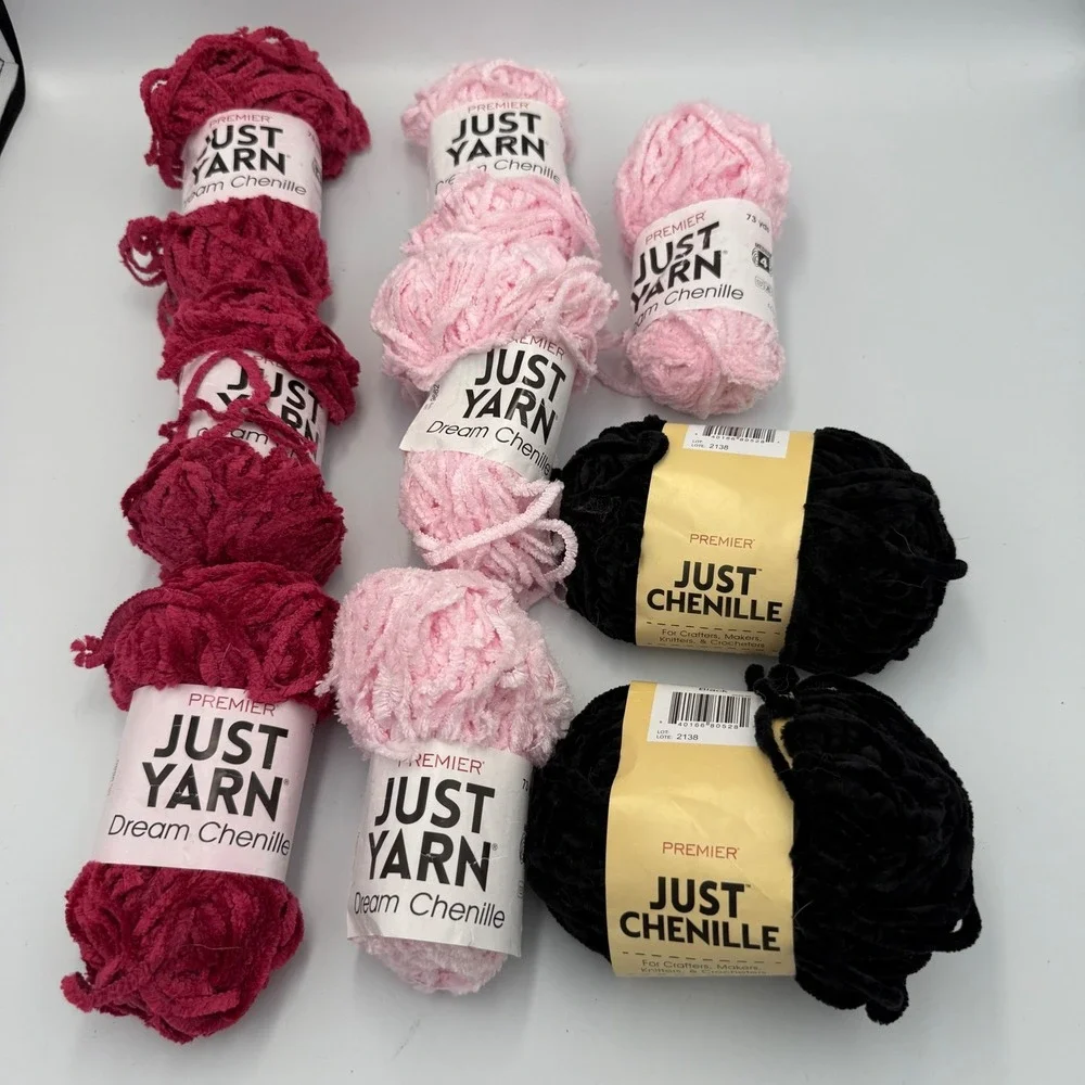 Lot of Premier Just Yarn Dream Chenille Yarn Bundle Red Pink Black Super Bulky